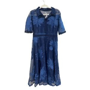 Anewsta Navy Blue Floral Embroidered Mesh Midi Dress Short Sleeve Collared L NEW